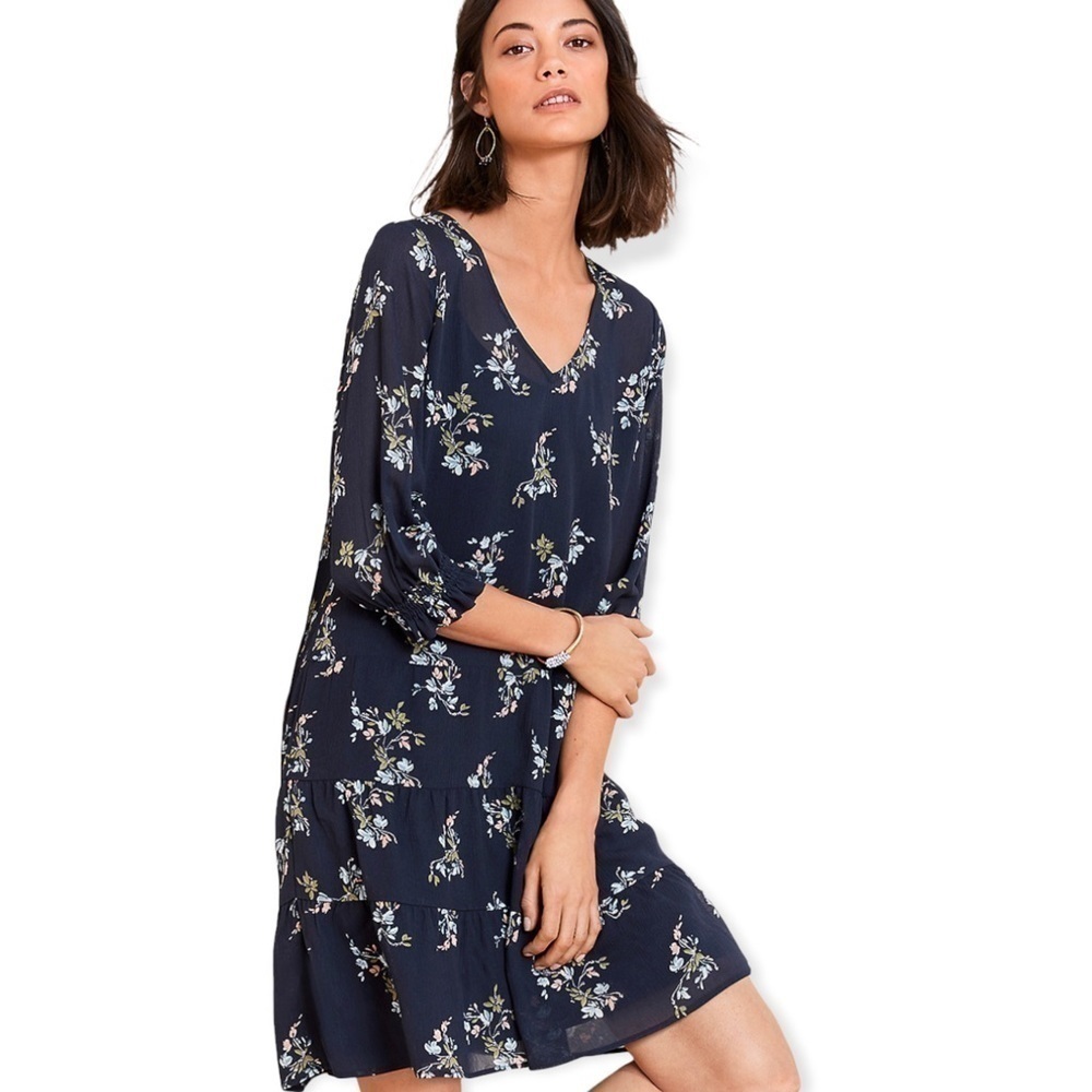 Garnet Hill Silk Floral Print Mini Dress Navy Petite 4 - Picture 9 of 9